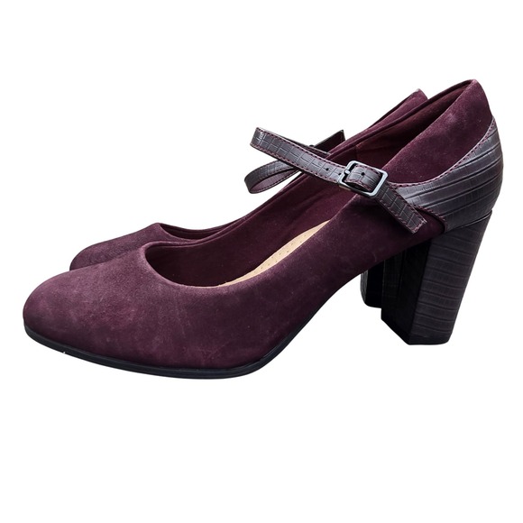 Clarks Alayna Shine Burgundy Suede Croc Mary Jane Pumps Block Heel Shoes 11 - Picture 1 of 8